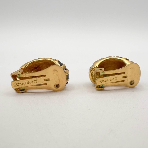 Christian Dior Gold Tone Half Hoop Clip-On Earrings Black Enamel Clear Stones - Picture 12 of 13
